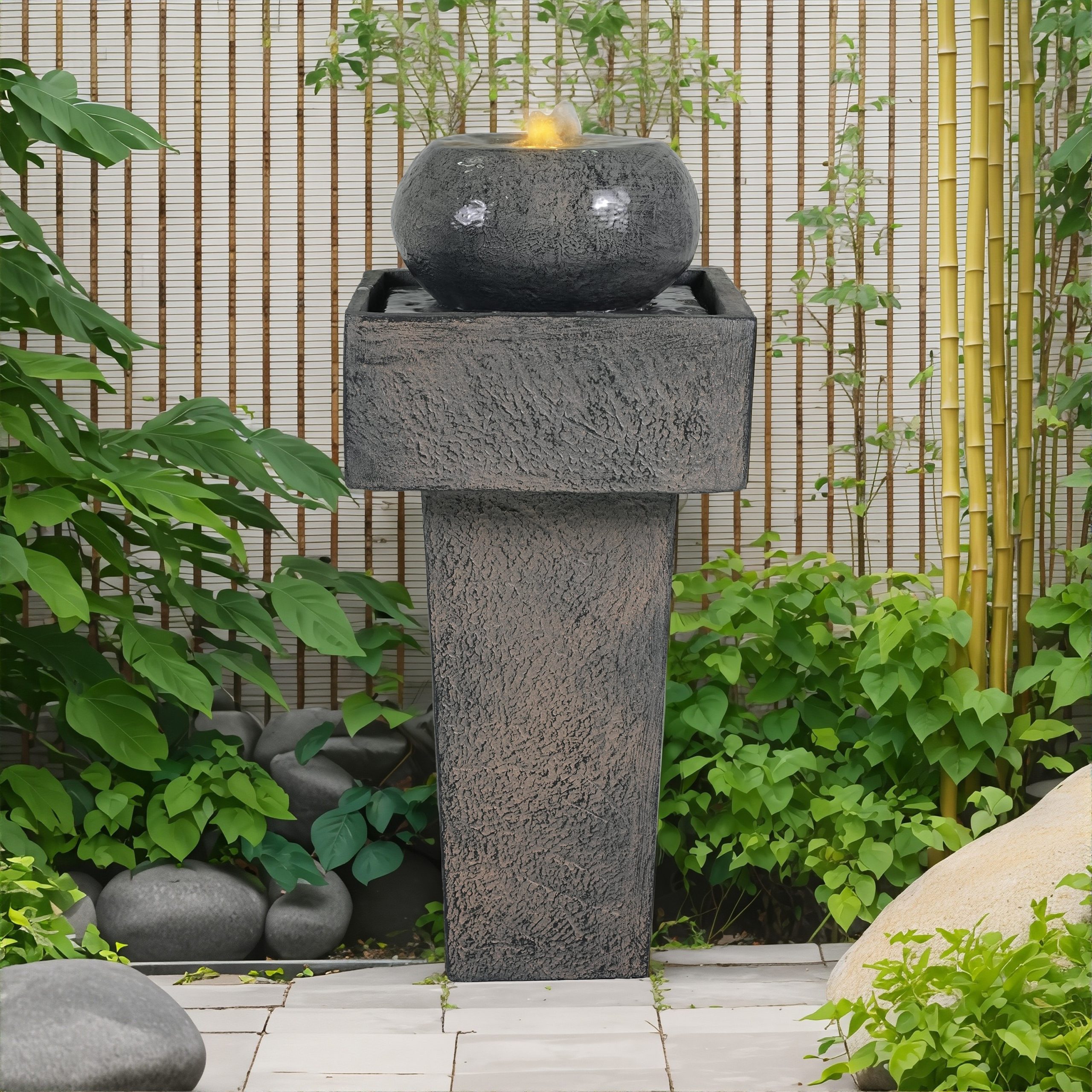 25.59"H Minimalist Concrete Column Fountain–LED-Lit Modern Outdoor Oasis, Sturdy Landscape Feature for Patio, Porch - Image 2