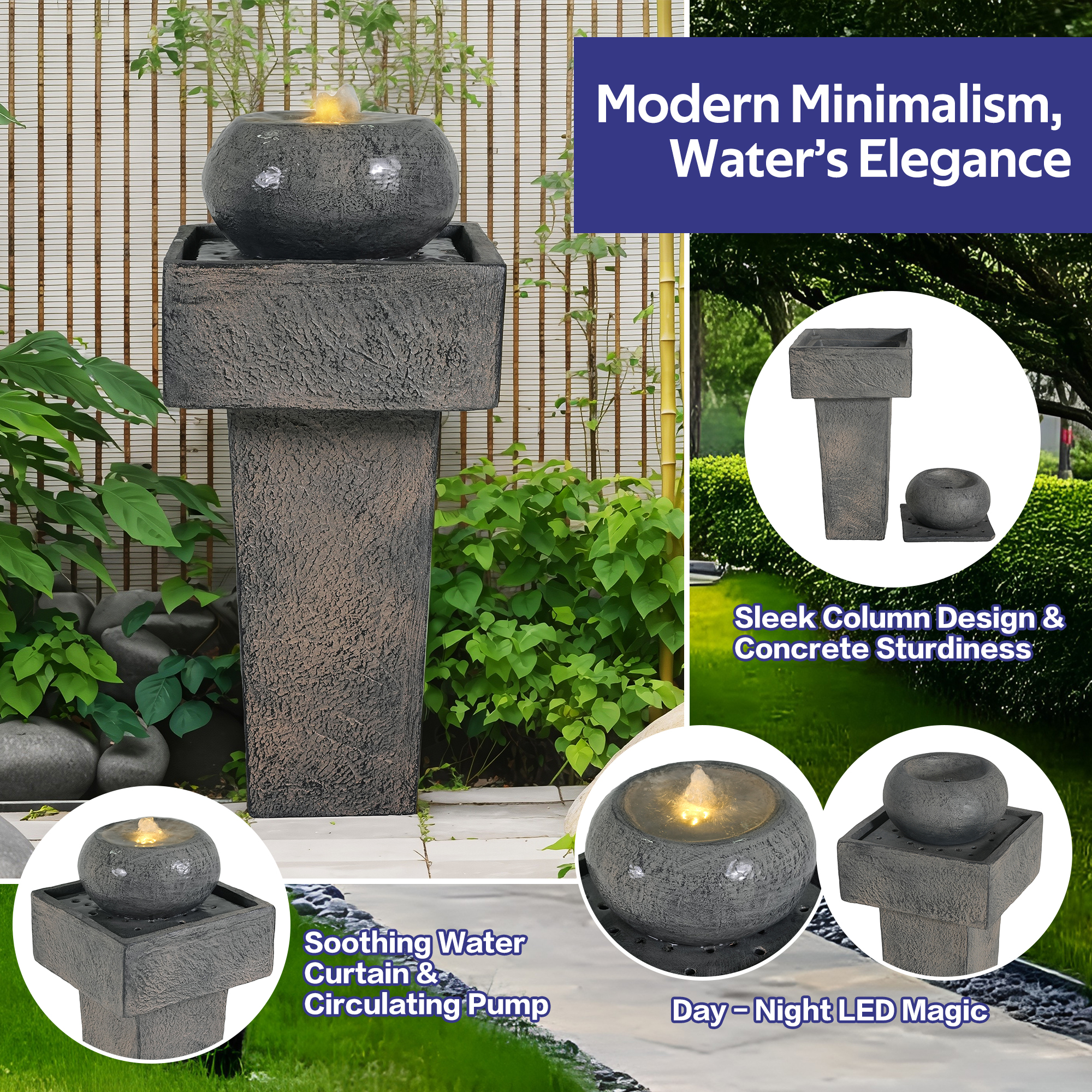 25.59"H Minimalist Concrete Column Fountain–LED-Lit Modern Outdoor Oasis, Sturdy Landscape Feature for Patio, Porch - Image 3