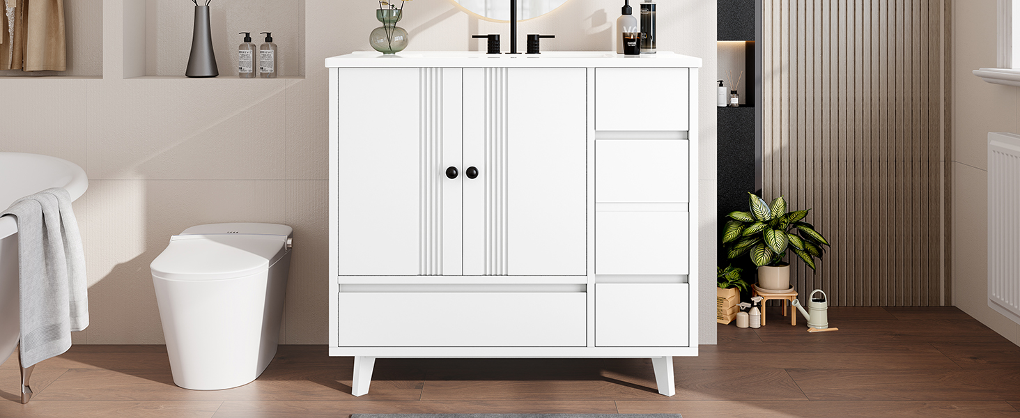 36" Bathroom Vanity with Sink, Free Standing Single Vanity Set with 4 Drawers and Side Storage Rack, Wood Cabinet with Ceramic Basin for Bathroom, White - Image 11