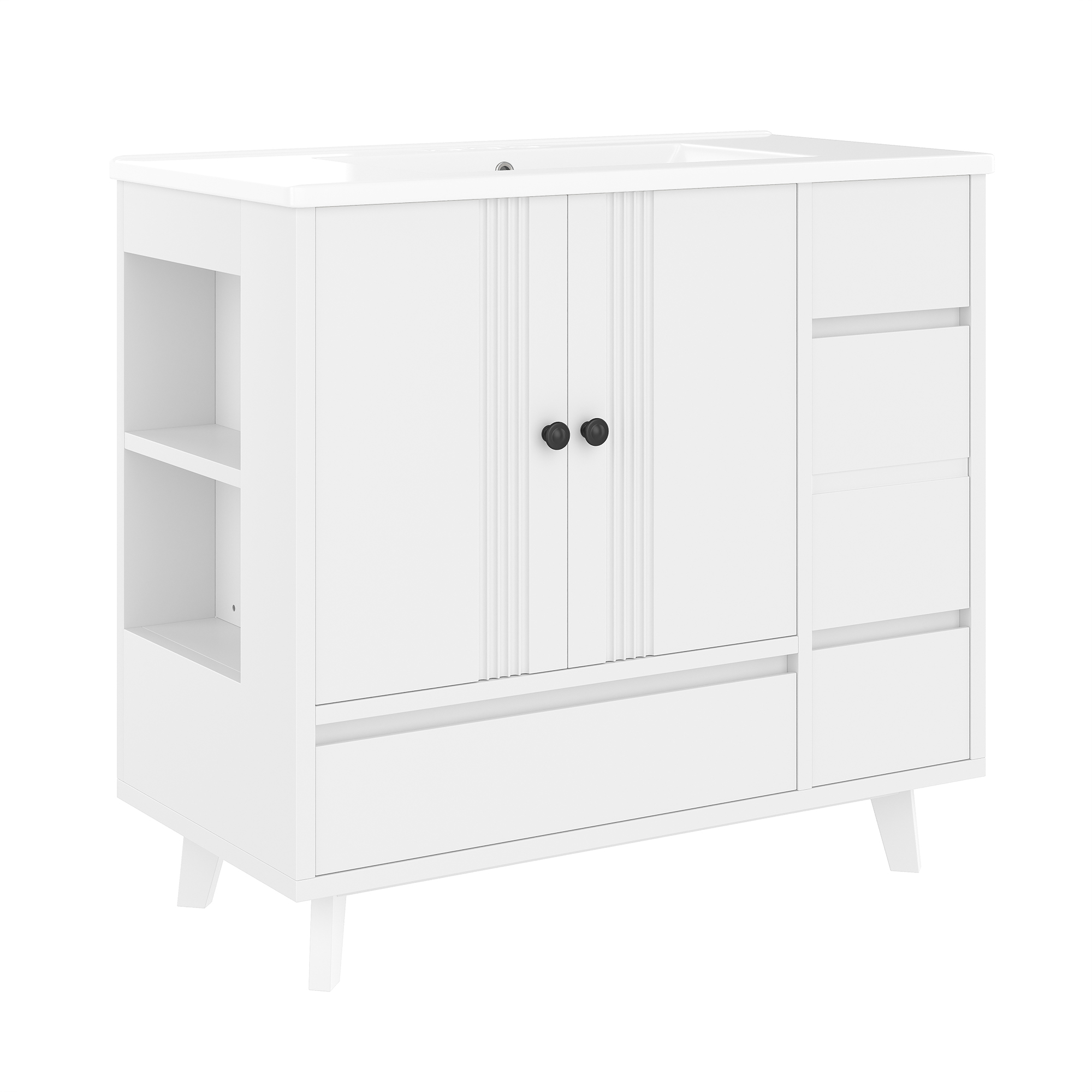 36" Bathroom Vanity with Sink, Free Standing Single Vanity Set with 4 Drawers and Side Storage Rack, Wood Cabinet with Ceramic Basin for Bathroom, White - Image 4
