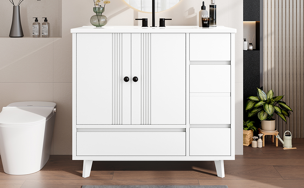 36" Bathroom Vanity with Sink, Free Standing Single Vanity Set with 4 Drawers and Side Storage Rack, Wood Cabinet with Ceramic Basin for Bathroom, White - Image 8