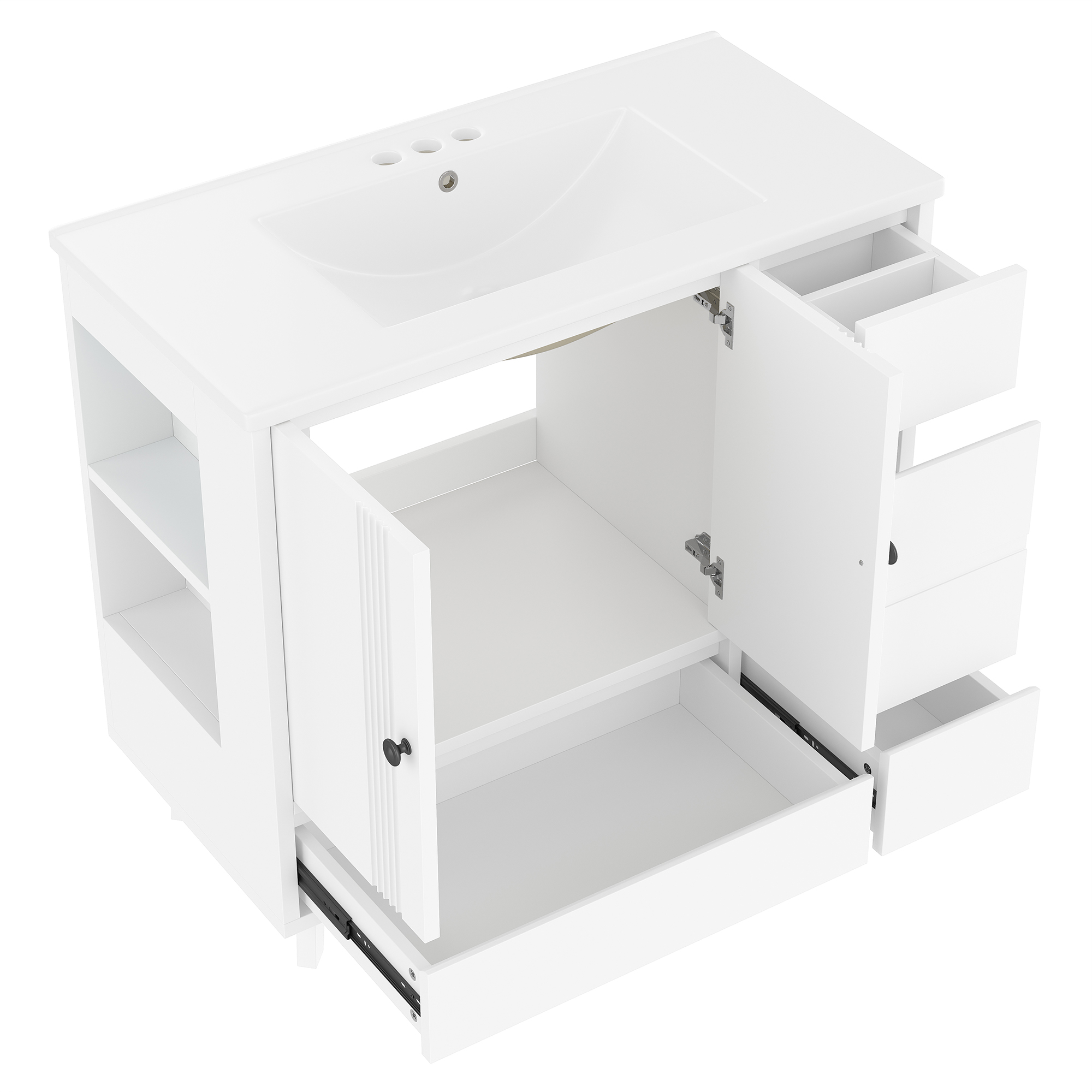 36" Bathroom Vanity with Sink, Free Standing Single Vanity Set with 4 Drawers and Side Storage Rack, Wood Cabinet with Ceramic Basin for Bathroom, White - Image 5