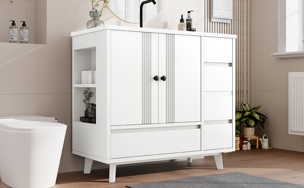 36" Bathroom Vanity with Sink, Free Standing Single Vanity Set with 4 Drawers and Side Storage Rack, Wood Cabinet with Ceramic Basin for Bathroom, White - Image 7