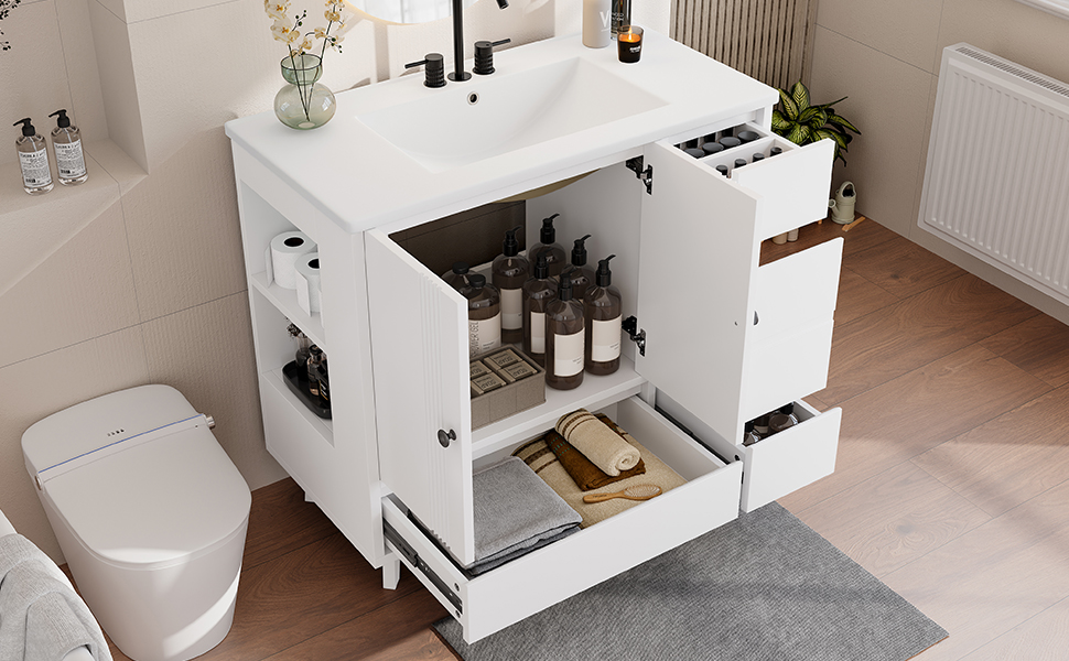36" Bathroom Vanity with Sink, Free Standing Single Vanity Set with 4 Drawers and Side Storage Rack, Wood Cabinet with Ceramic Basin for Bathroom, White - Image 6