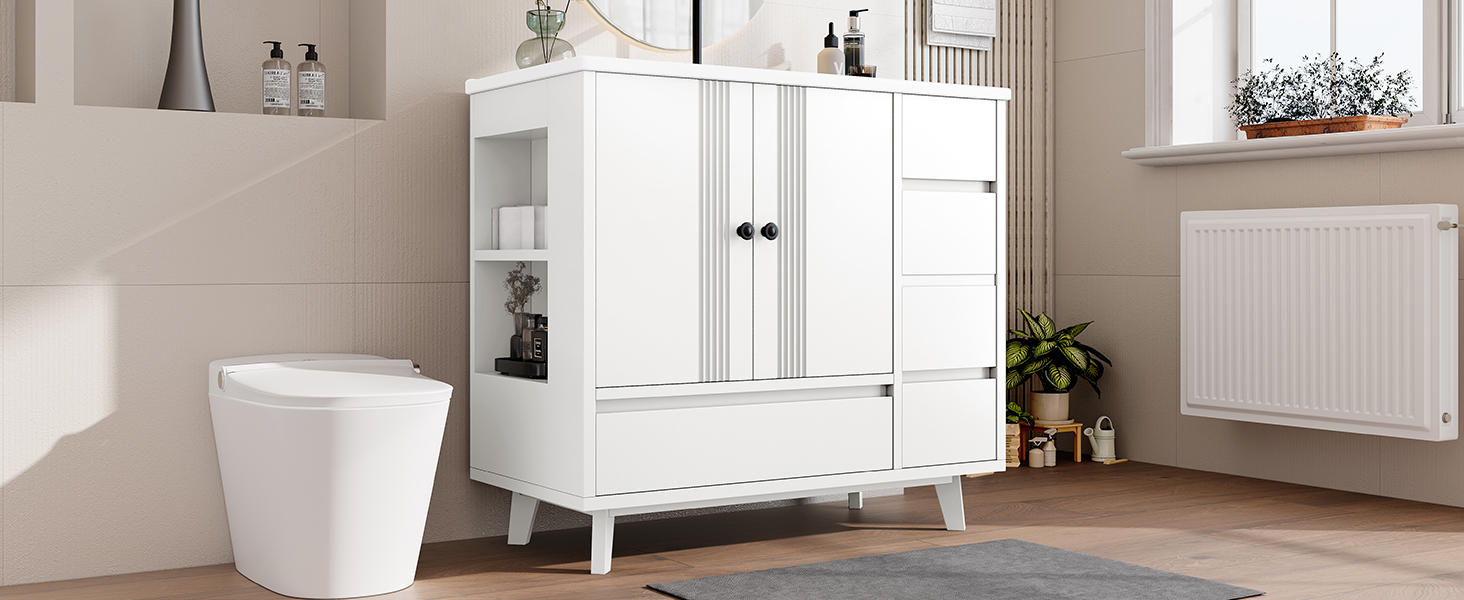 36" Bathroom Vanity with Sink, Free Standing Single Vanity Set with 4 Drawers and Side Storage Rack, Wood Cabinet with Ceramic Basin for Bathroom, White - Image 10