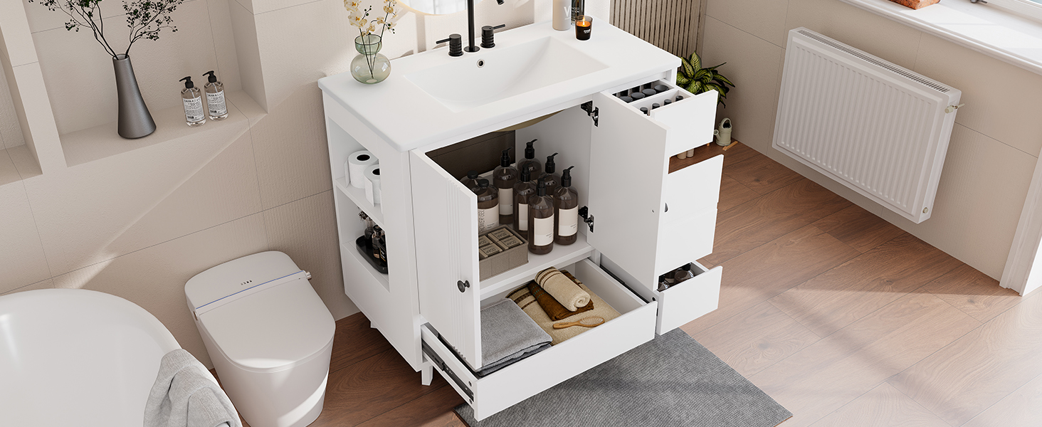 36" Bathroom Vanity with Sink, Free Standing Single Vanity Set with 4 Drawers and Side Storage Rack, Wood Cabinet with Ceramic Basin for Bathroom, White - Image 9