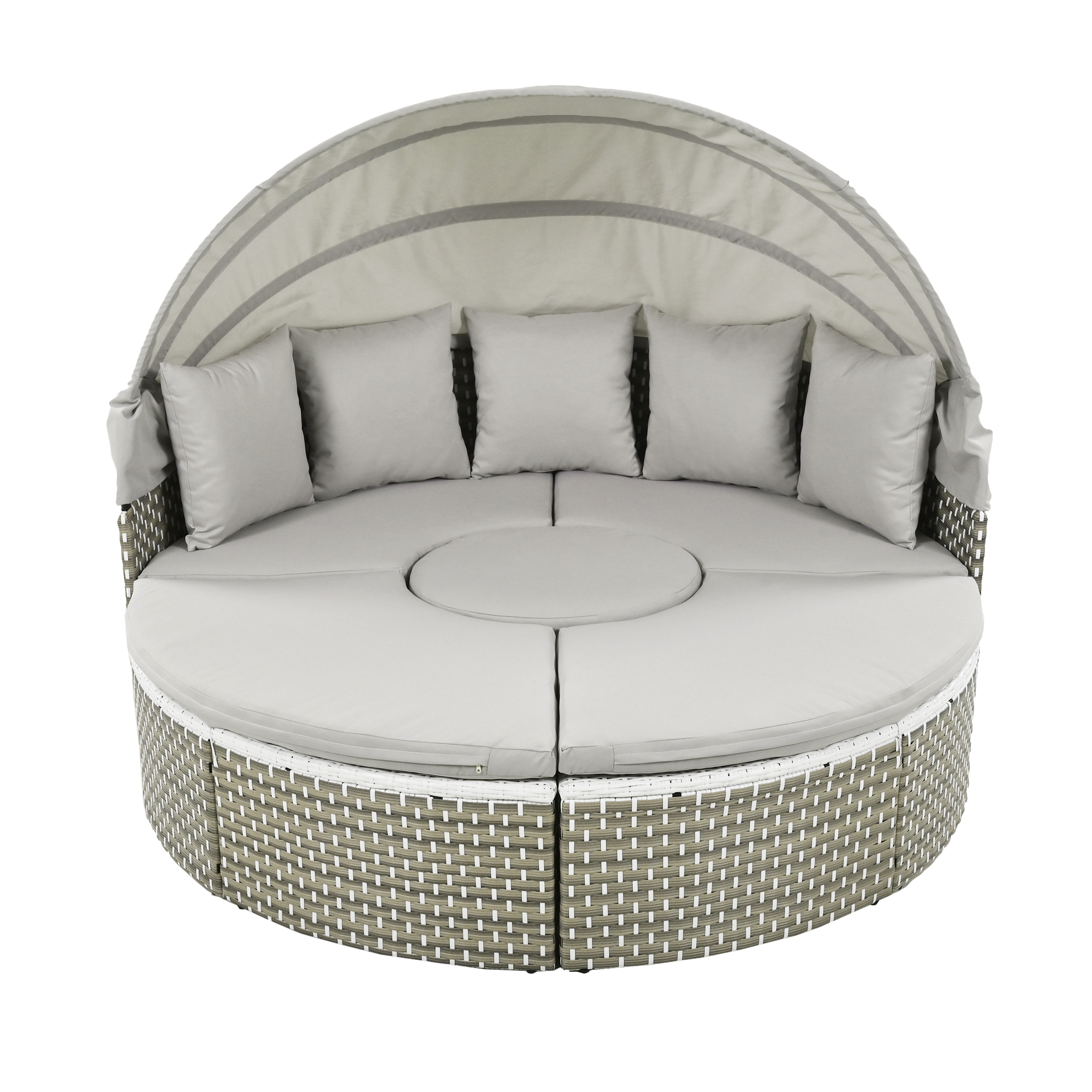 TOPMAX Patio Furniture Round Outdoor Sectional Sofa Set Rattan Daybed Two-Tone Weave Sunbed with Retractable Canopy, Separate Seating and Removable Cushion, Gray - Image 8