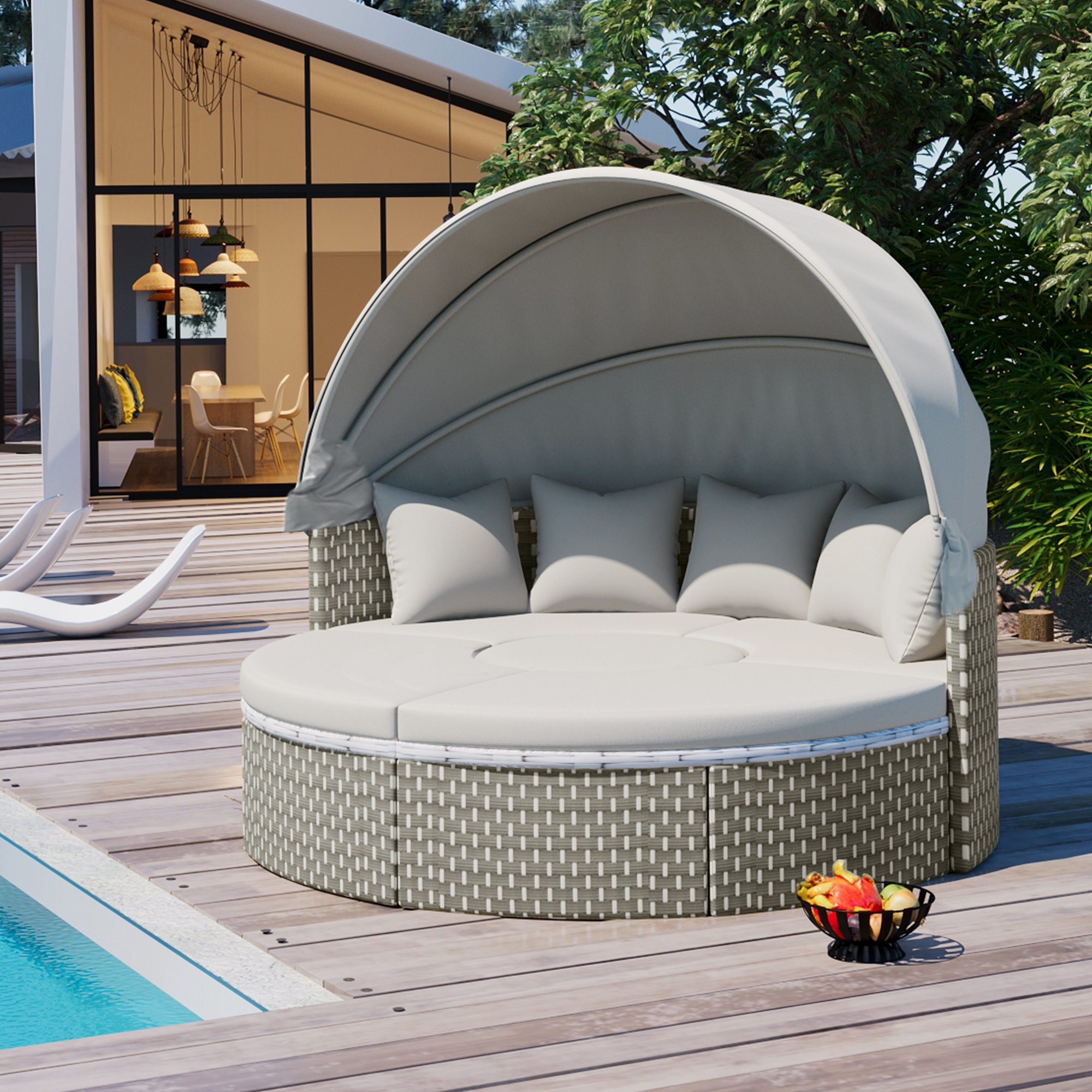 TOPMAX Patio Furniture Round Outdoor Sectional Sofa Set Rattan Daybed Two-Tone Weave Sunbed with Retractable Canopy, Separate Seating and Removable Cushion, Gray - Image 6