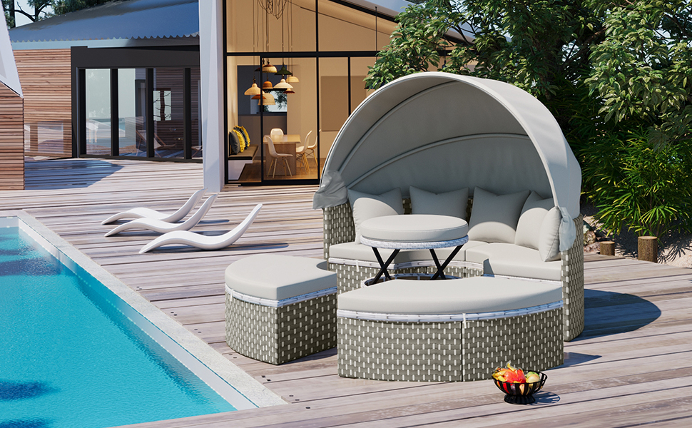 TOPMAX Patio Furniture Round Outdoor Sectional Sofa Set Rattan Daybed Two-Tone Weave Sunbed with Retractable Canopy, Separate Seating and Removable Cushion, Gray - Image 4