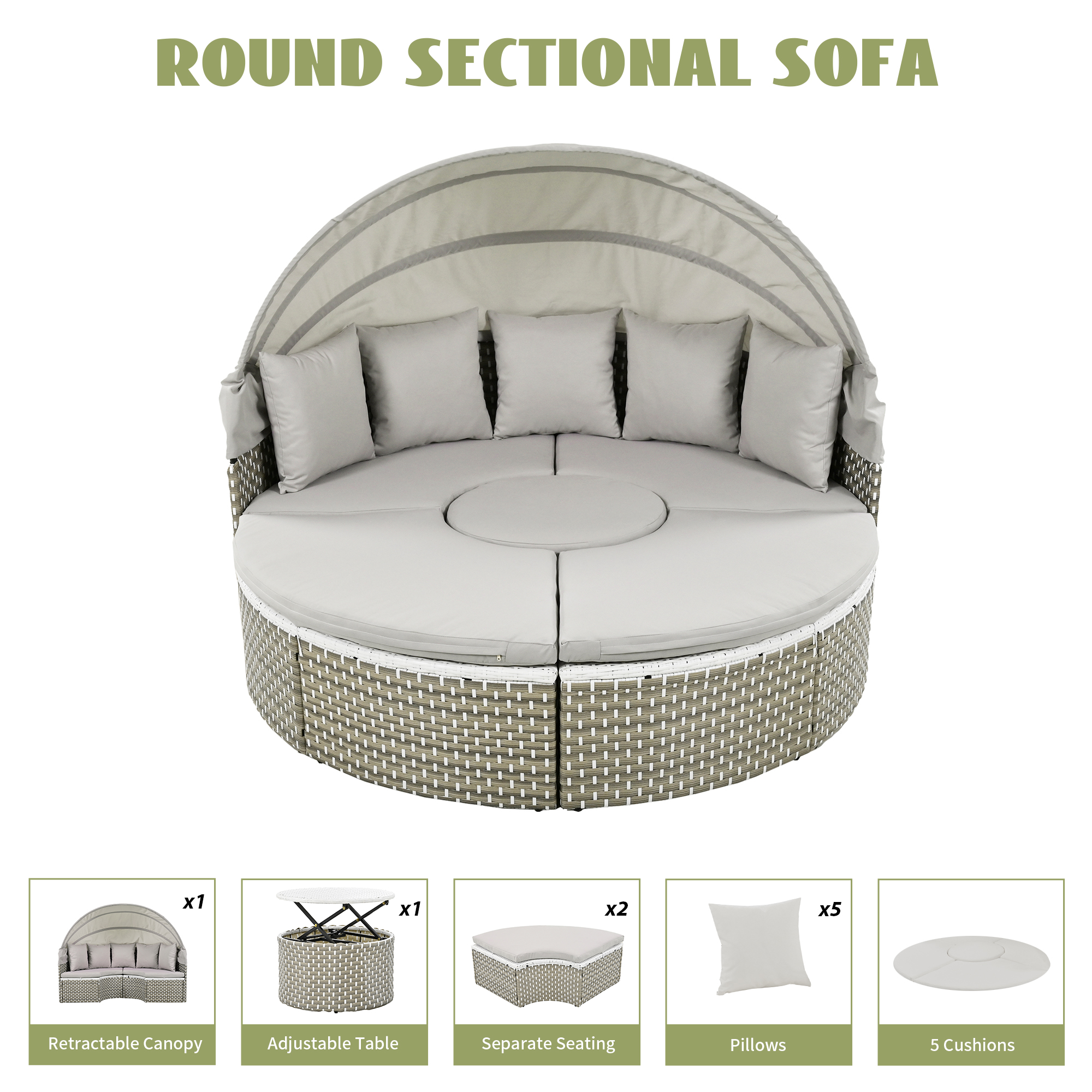 TOPMAX Patio Furniture Round Outdoor Sectional Sofa Set Rattan Daybed Two-Tone Weave Sunbed with Retractable Canopy, Separate Seating and Removable Cushion, Gray - Image 10