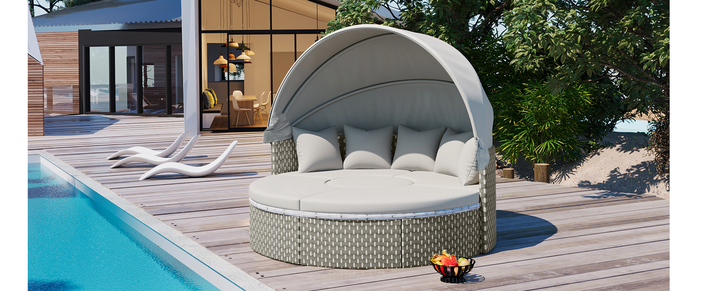 TOPMAX Patio Furniture Round Outdoor Sectional Sofa Set Rattan Daybed Two-Tone Weave Sunbed with Retractable Canopy, Separate Seating and Removable Cushion, Gray - Image 3