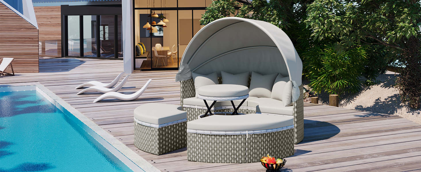 TOPMAX Patio Furniture Round Outdoor Sectional Sofa Set Rattan Daybed Two-Tone Weave Sunbed with Retractable Canopy, Separate Seating and Removable Cushion, Gray - Image 2