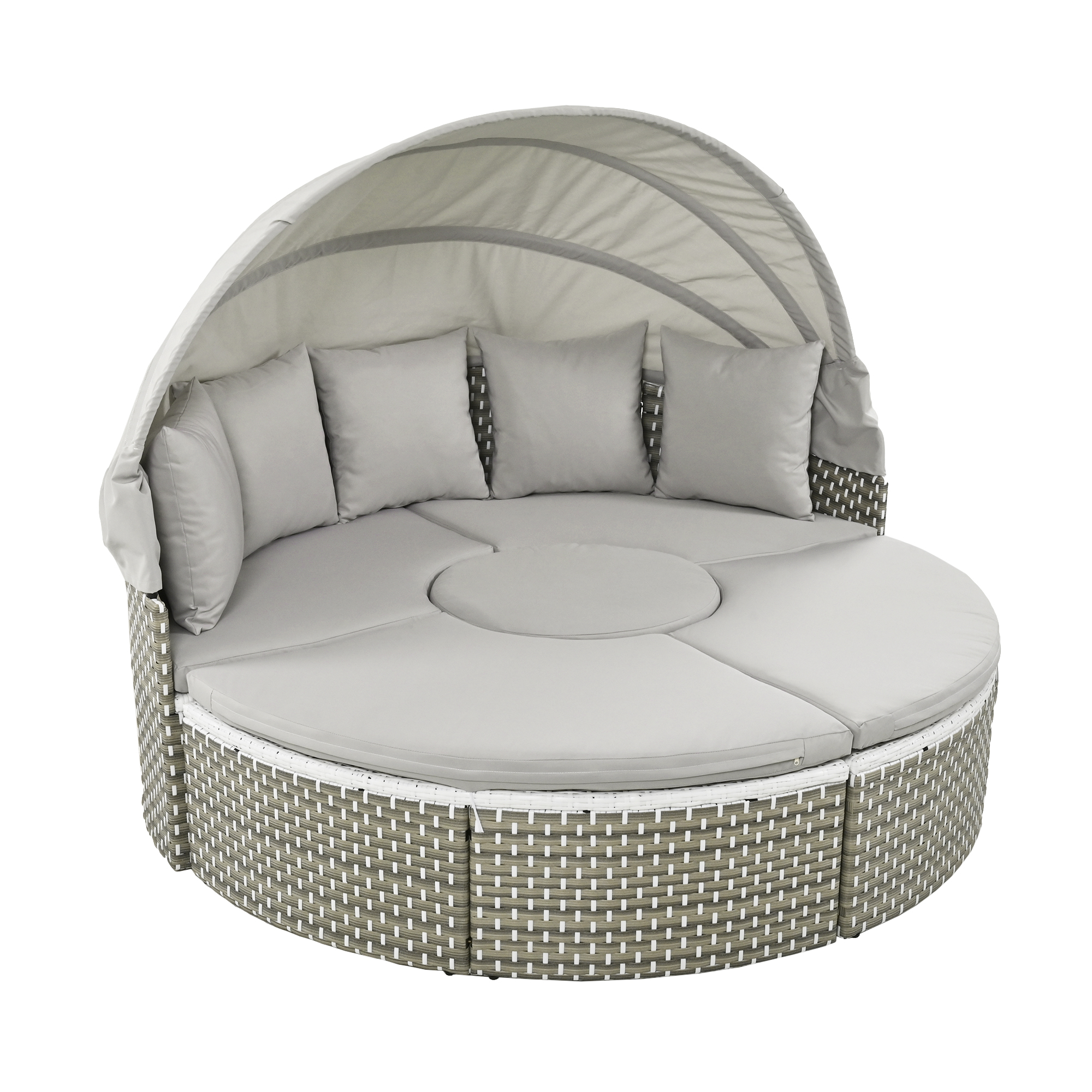 TOPMAX Patio Furniture Round Outdoor Sectional Sofa Set Rattan Daybed Two-Tone Weave Sunbed with Retractable Canopy, Separate Seating and Removable Cushion, Gray - Image 7