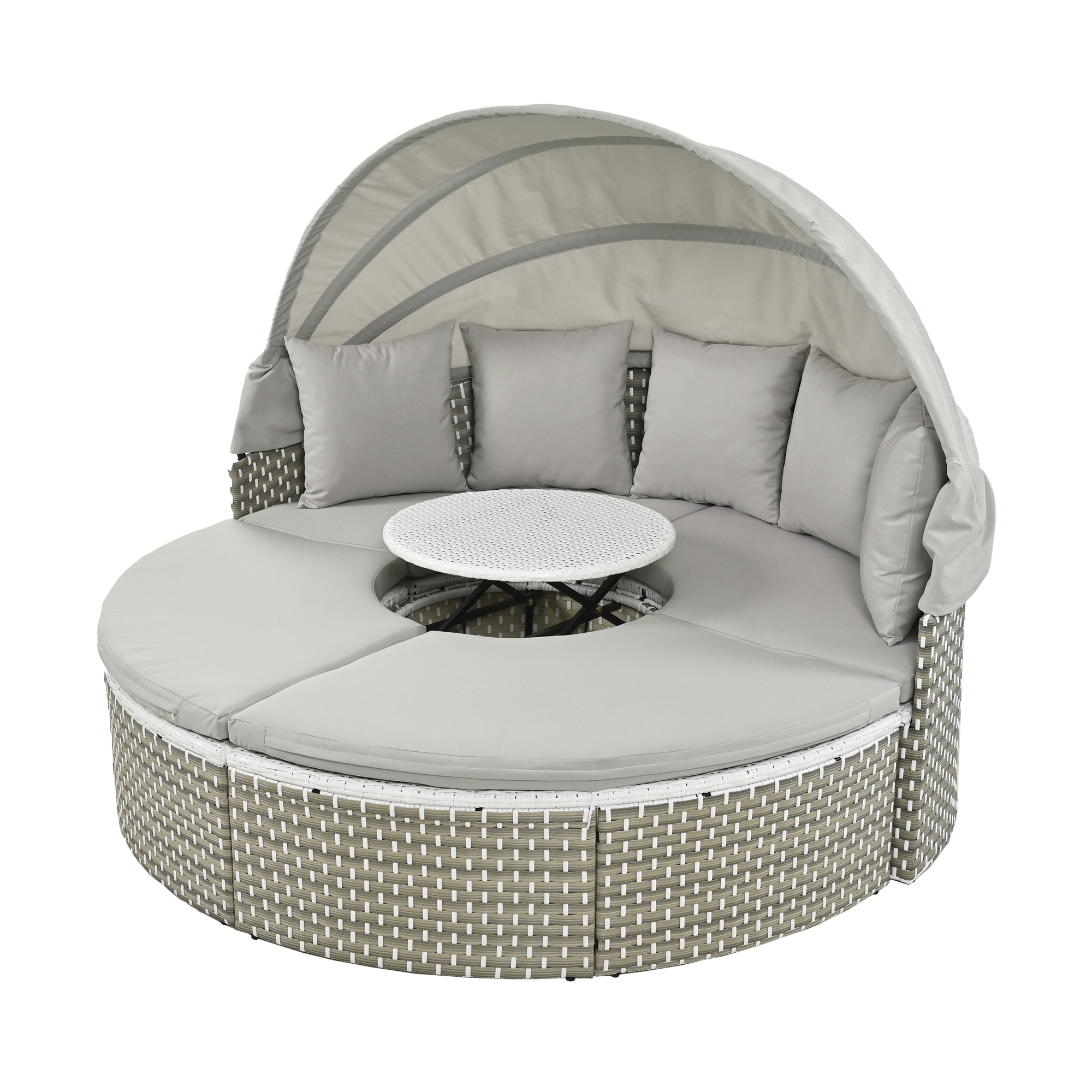 TOPMAX Patio Furniture Round Outdoor Sectional Sofa Set Rattan Daybed Two-Tone Weave Sunbed with Retractable Canopy, Separate Seating and Removable Cushion, Gray - Image 9