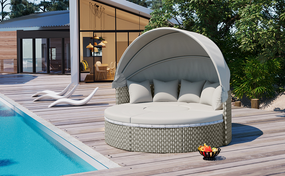 TOPMAX Patio Furniture Round Outdoor Sectional Sofa Set Rattan Daybed Two-Tone Weave Sunbed with Retractable Canopy, Separate Seating and Removable Cushion, Gray - Image 5